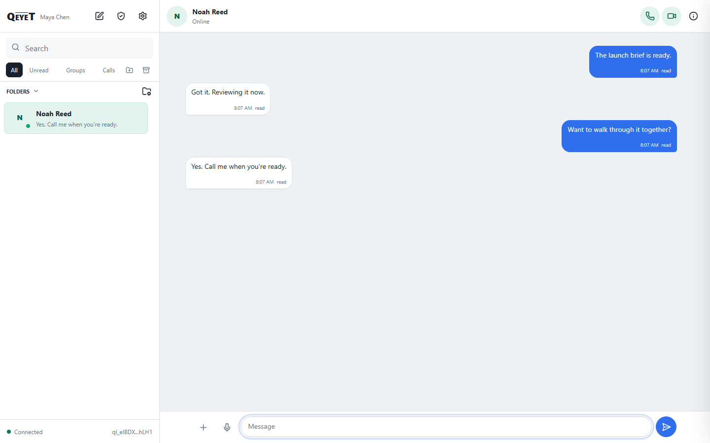 QEYET desktop conversation showing online status, call controls, and message receipts